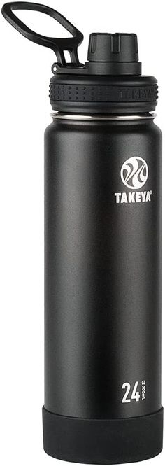 a black water bottle with the words takeya on it's lid and handle