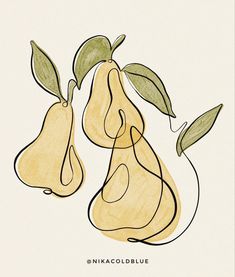 two pears with green leaves on them are shown in this artistic drawing by nikkacoldbube