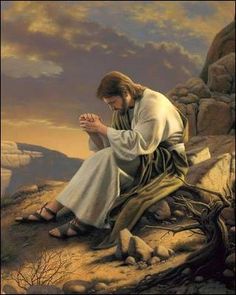 a painting of jesus sitting on top of a hill with his hands folded in prayer