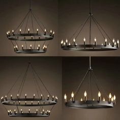 four different views of a chandelier with candles in the middle and bottom lights