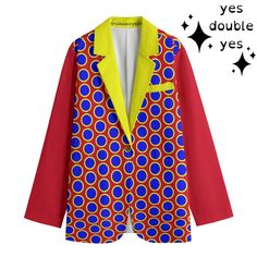 Bright primary red blue and yellow give instant nostalgic kidcore vibes and bring the big smiles wherever you go in this 100% cotton sport coat! Fastened with a nifty coconut button, this snappy sport blazer has pockets and goes beautifully with our other clowny fashions! Fantastic for professional clowing or a Halloween carnival costume! Be extra #Clowncore #Maximalist let's gooooooooooooooooooo YESDOUBLEYES alt clown punk fashions for Pride fest, rave, Burning Man, music festivals, roller derb Red Long Sleeve Outerwear For Costume Party, Fun Multicolor Long Sleeve Outerwear, Fun Multicolor Cotton Outerwear, Playful Red Long Sleeve Outerwear, Multicolor Outerwear For Fall Costume Party, Retro Cotton Blazer, Colorful Retro Long Sleeve Outerwear, Retro Long Sleeve Cotton Blazer, Yellow Long-sleeved Cotton Blazer