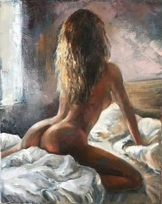 a painting of a naked woman sitting on a bed