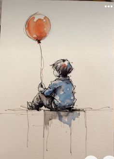 a drawing of a boy sitting on a ledge holding a balloon