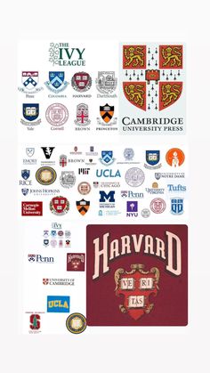 several different logos and emblems are shown in this collage with the words harvard on them