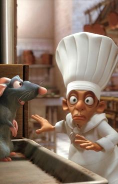 two cartoon mice are talking to each other in front of a kitchen scene with a mouse