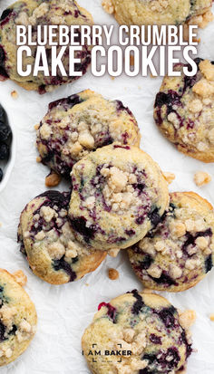 blueberry crumble cake cookies are piled on top of each other and ready to be eaten