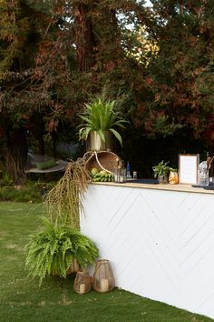 an outdoor bar with plants and bottles on it