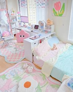 a child's bedroom decorated in pastel colors