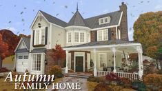 an autumn family home is featured in this animated image with leaves falling from the trees