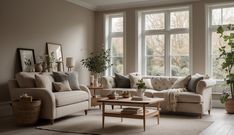 a living room with two couches and a coffee table in front of large windows