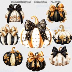 black and white pumpkins with gold bow clipart for digital scrapbooking or embellishment