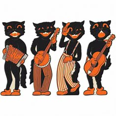 three black cats with orange and white stripes are playing the guitar, violin, and ukulele