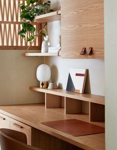 a wooden desk topped with shelves filled with books and vases next to a potted plant