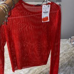 Red See Through Shirt, Would Look Super Cute With A Black Or Red Bralette For A Night Out. Nwt. Also Have This In Black Which I Would Also Be Willing To Sell Just Lmk. Red Stretch Zara Tops, Zara Red V-neck Top, Red Bralette, Red Shirt, Zara Tops, Bralette, Night Out, Super Cute, Colorful Shirts