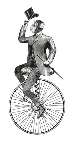 an old fashioned drawing of a man riding on top of a bicycle with a top hat and cane