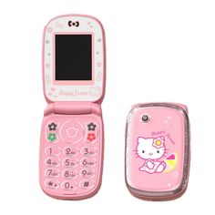 a pink hello kitty cell phone sitting next to an open case on a white background