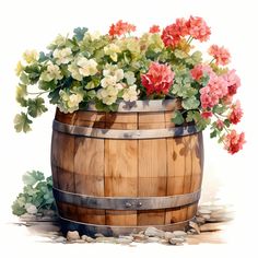 a wooden barrel with flowers in it