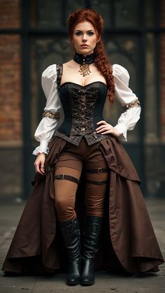 Au cœur d'une cité steampunk animée, parmi le bruit du métal contre le métal et le sifflement de la vapeur s'échappant des tuyaux, une femme se tient fièrement, incarnant l'essence de la mode steampunk. Elle est vêtue d'un ensemble saisissant qui mêle Pirate Steampunk Women, Womens Steampunk Costume, Steampunk Halloween Costumes Women, Steam Punk Costume Women, Steam Punk Outfits Women, Steam Punk Women, Styling A Corset, Steampunk Fashion Diy