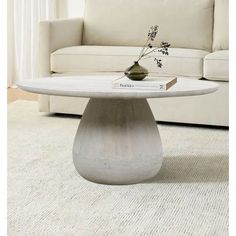 a living room with a couch, table and book on the floor in front of it