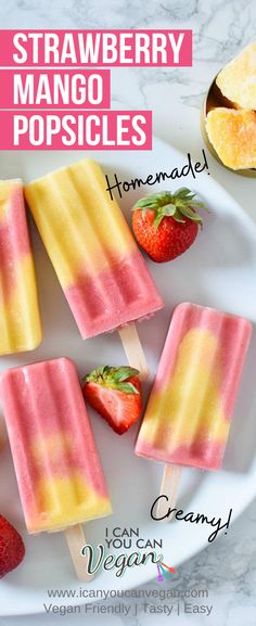 strawberry mango popsicles on a white plate