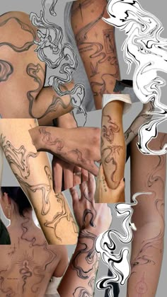 many different images of people with tattoos on their arms and legs, one is holding the other's hand