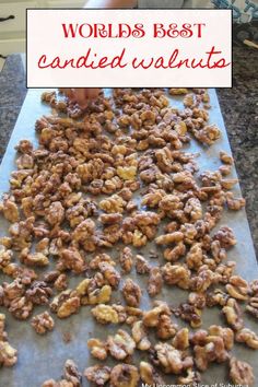 Indulge in the irresistible crunch of our world's best candied walnuts! Elevate your snack game with this easy and delightful recipe that combines the natural goodness of walnuts with a perfect blend of sweetness and spice. Each golden, caramelized nut is a burst of flavor, making these candied walnuts the ideal topping for salads, desserts, or a standalone treat. Try this recipe and let your taste buds embark on a journey of pure satisfaction. Your next favorite snack awaits! Caramelized Walnuts Recipe, Walnut Brittle Recipe Easy, Candied Walnuts With Brown Sugar, Walnut Deserts, Walnut Bars Recipes, Seasoned Walnuts Recipe, Spicy Walnuts Recipe