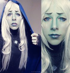 two pictures of a woman with blue eyes and white hair, one is wearing a black hoodie