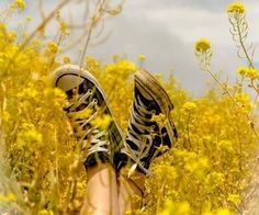 a person's feet with black and white shoes in a field of yellow flowers