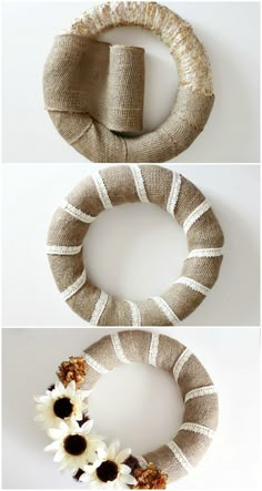 three different ways to make a burlock wreath with yarn and flowers on it