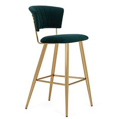 a green velvet bar stool with gold frame and backrest, viewed from the front