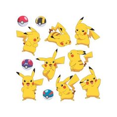 pokemon pikachu and pokeball stickers are shown in this image, with different shapes