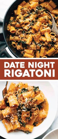 two plates with different types of pasta in them and the words date night rigatoni