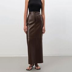 Brown Faux Leather Skirt, Ankle Length Skirt, Middle Aged Women, Empire Waistline, Casual Evening, Skirt For Women, Faux Leather Skirt, Office Wear, Vintage Brown