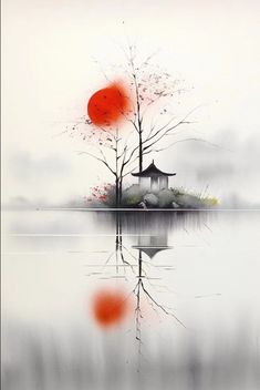 a painting of a house on an island in the middle of water with trees and red leaves