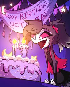 a cartoon cat blowing out the candles on a birthday cake that reads happy birthday oct 13th