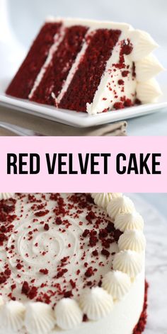 red velvet cake with white frosting on top and the words red velvet cake above it