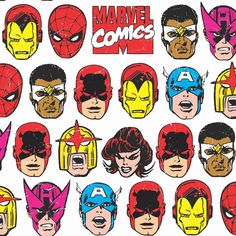 an image of the faces of superheros in various colors and sizes on a white background