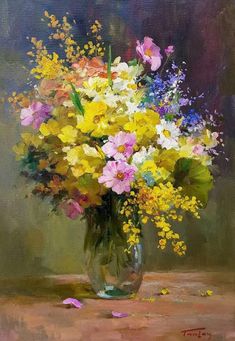 an oil painting of flowers in a vase on a table with the caption,