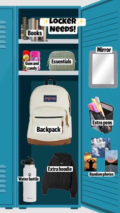 an open blue locker with several items on it and the words locker needs written below