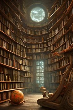 a room filled with lots of books next to a giant orange ball on the floor