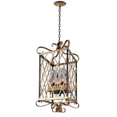 a chandelier hanging from the ceiling with an animal in it's cage