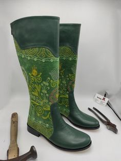 Hand made genuine leather custom made women's boots. Every size available. Riding style women's boots. #womenboots #green #forher #custom #festival #shoes #boots #womenboots #dress #fashion #chic #etsy #bemyboots #unique #art #craft #ethnic #boho #sale #wekeend #todayusa #newyork #nyc Bohemian Leather Knee-high Boots, Traditional Ankle Boots With Leather Sole, Traditional Closed Toe Boots With Leather Sole, Handmade Leather Boots With Snip Toe, Traditional Leather Boots With Snip Toe, Handmade Traditional Snip Toe Boots, Traditional Hand Tooled Leather Boots, Handmade Leather Ankle Boots, Traditional Handmade Closed Toe Boots