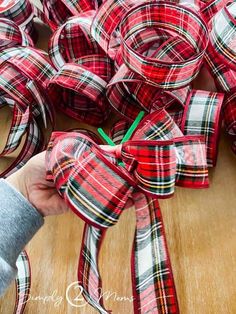 a person is holding a red and white plaid ribbon