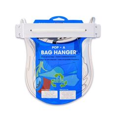 the bag hanger is attached to a blue and white plastic container with two handles