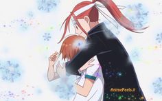 two people are hugging in front of snowflakes and stars, with the caption animefest it