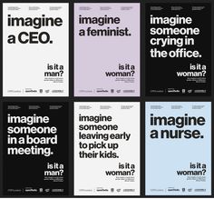 six different types of posters with the words imagine a woman in black, white and pink