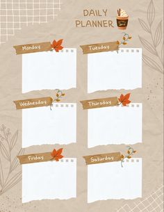 the daily planner is lined up with autumn leaves