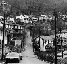 a car driving down a street next to tall trees and houses on the hill behind it