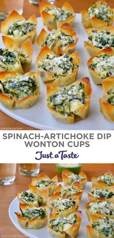 spinach and artichoke dip wonton cups are on a white plate