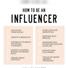 how to be an influencer info sheet with the words, how to be